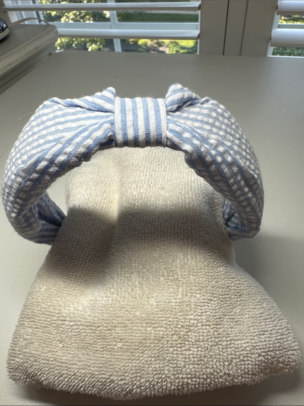 Blue & White Striped Seersucker Bow Headband